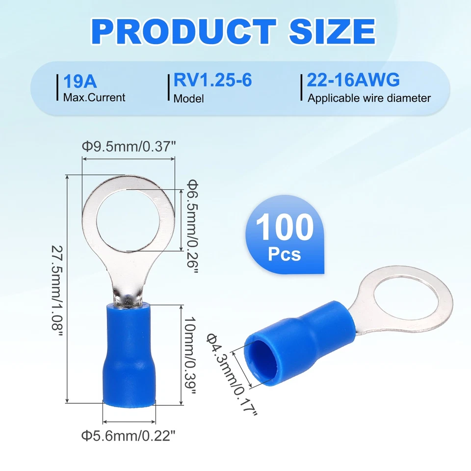 100Pcs Insulated Ring Terminal RV1.25-6 22-16AWG Battery Connectors, Blue Foto 2 de 4