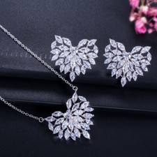 Silver Plated Cubic Zirconia Cute Heart Earrings Necklace Sets for Women Girls