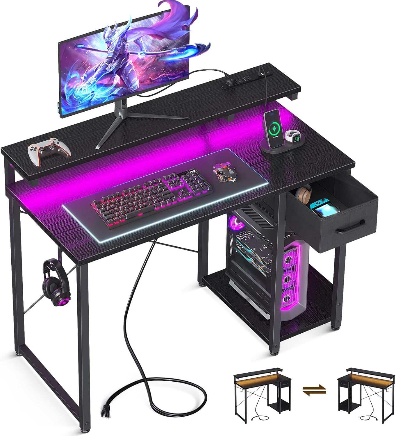 Gaming Desk with LED Lights & Power Outlet, 40 Inch Computer Desk with Drawer, R