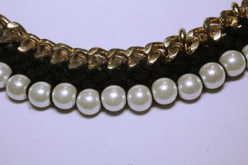 Vintage Gold Metal Chain Pearl Black Fabric necklace