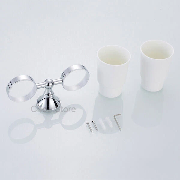 Juego de Soporte para Cepillo de Dientes Montado en la Pared con Dos Tazas de Cerámica Diseño Simple Cromo Foto 2 de 3