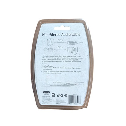 BELKIN CABLE AUDIO AUX 3.5MM 3.6M NICKEL PLATED CAR HOME SPEAKER BLACK F8V203-12 - Picture 2 of 3