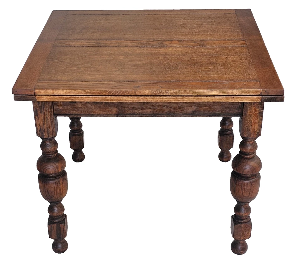 Antigua mesa de comedor inglesa jacobea cuarto de roble aserrado hojas con dibujo refectorio años 30 Foto 4 de 4