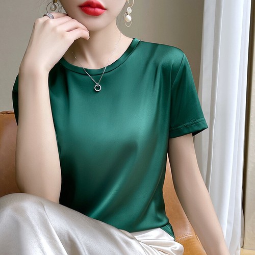 Heißes Damen Sommer Satin Kurzarm solide lässig T-Shirt Bluse Top Tee Party - Bild 7 von 19