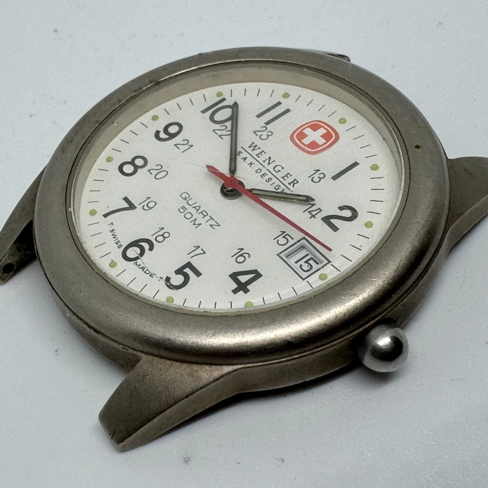 Винтажные швейцарские кварцевые мужские часы Wenger SAK 50 м серебристо-белые ~на запчасти для ремонта - Изображение 4 из 4