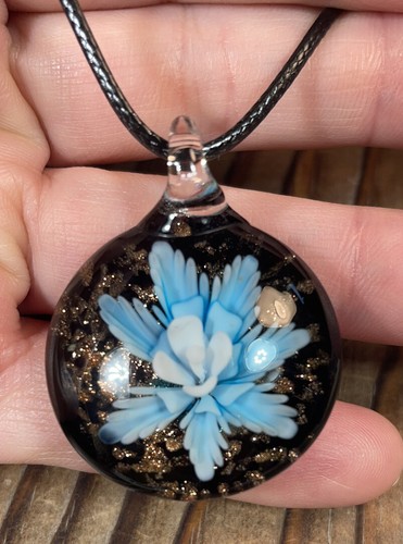 Art glass flower pendant necklace black 