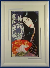 Jean K Inaba Signed Untitled Lady with Japanese Fan Watercolor 1990 Framed