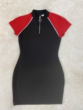 H&M BLACK RED LONG ZIP HIGH NECK COTTON STRETCH BODYCON MINI SEXY DRESS Small