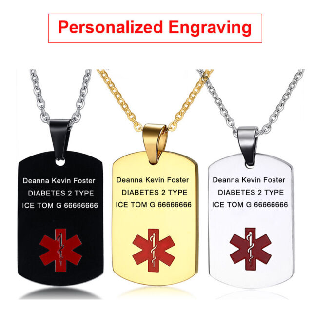 Personalized Engraving Necklace Medical Alert ID Dog Tag Pendant Stainless Steel