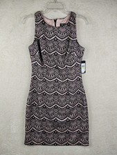 Guess Women's Lace Overlay Pink Black Full Zip Back Fitted Dress Size 4