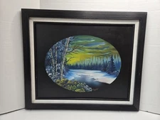 Bob Ross Style Twilight Beauty Oval Framed Black Wooden Frame Canvas Scenery 