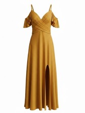 Azazie Mustard Cold-Shoulder Maxi Dress with Front Slit