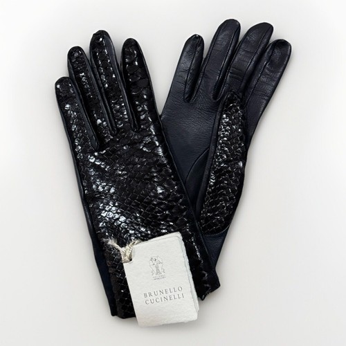 Guantes de cuero Brunello Cucinelli azul marino/negro pitón piel de serpiente talla M para mujer nuevos en caja - Imagen 1 de 7