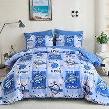 Kids Space Comforter Set Bed in A Bag Queen Size 7 Piece Cartoon Planets Bedd...