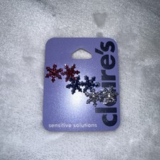 Claire  s Glitter Snowflake Earrings Set of 3   Red, Blue, Silver   Holiday Cute