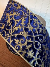 Cobalt Blue Velvet Designer Ribbon Gold Glitter Scrollwork 4  X 10yards