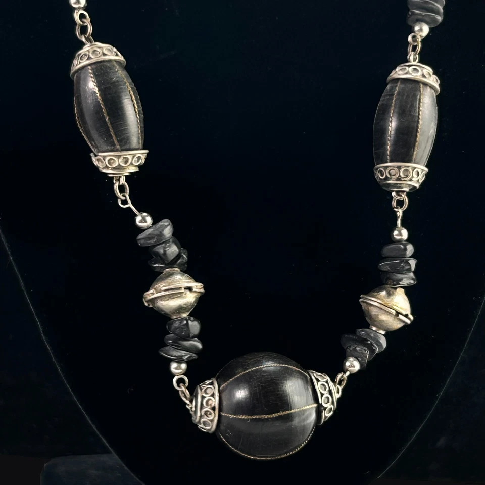 Boho Necklace Black Wood Bead & Stone & Tibetan Silver Metal Link 22" Ethnic J8 - Image 3 of 4