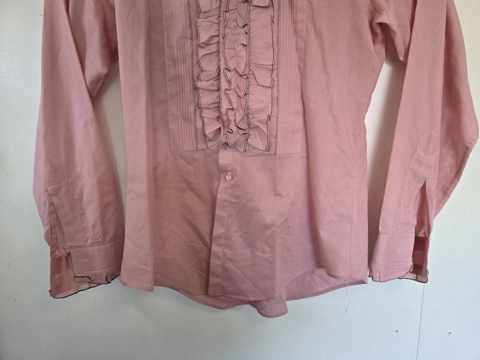 Vtg 70s Shirt Mens 15.5 Ruffle Tuxedo French Cuff Austin Powers Disco Pink - Image 3 of 4