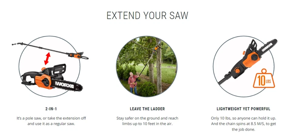 Motosierra eléctrica WG311 Worx 10" 2 en 1 con accesorio de sierra de poste Foto 2 de 4