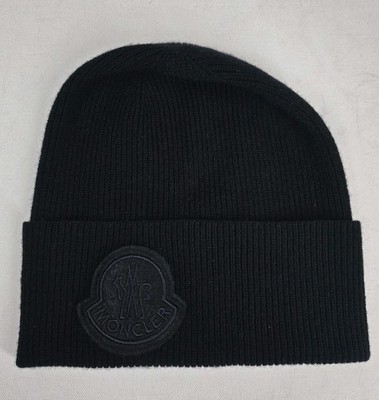 Moncler Berretto Tricot Hat Beanie Wool Cashmere Black Tonal Logo Patch AUTH