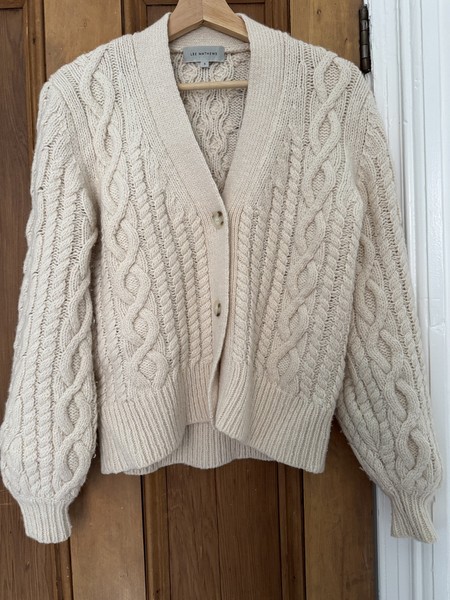 LEE MATHEWS Stanford Cable Knit Cardigan Sz S Oatmeal cream Lambswool Blend