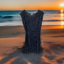 Ann Taylor LOFT Knit Dress SZ M Blue Leopard Animal Print Sleeveless~Tie~Elastic