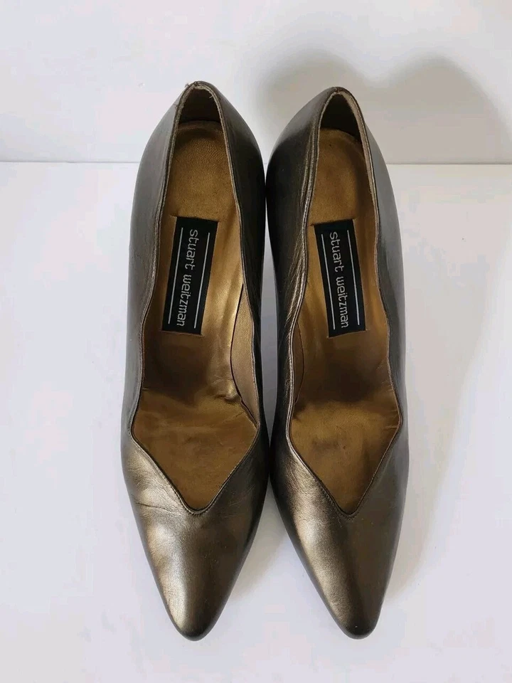 复古 80 年代 Stuart Weitzman 青铜泡泡堆叠高跟鞋浅口鞋 7.5 B 码 — 第 4/4 张图片