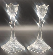 Set of 2 Vintage 24% Lead Crystal Tulip Candlestick Holders Toscany USA 7.75 In