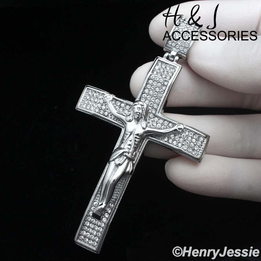 COLGANTE CRUZ JESUCRISTO GRANDE PLATA CIRCONITA CÚBICA HELADA ACERO INOXIDABLE HOMBRE*AIP142 Foto 2 de 4