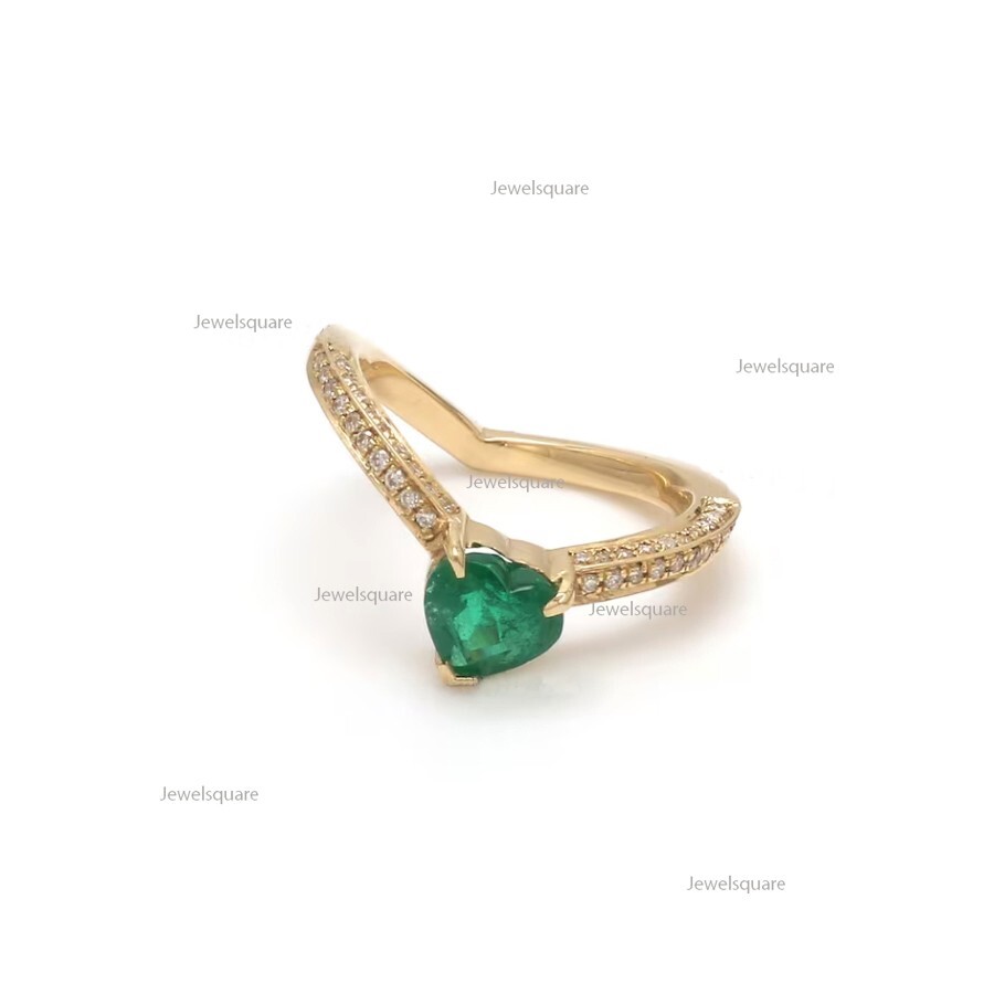 Heart Natural Emerald & Natural Diamond Curve Band Ring 14k Gold Heart