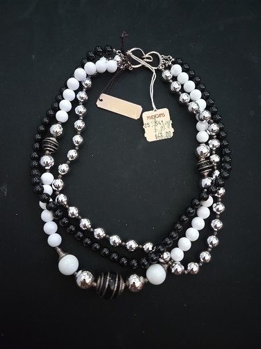 Vtg vetta wire wrapped bead metallic white black 3 strand necklace - 第 1/4 張圖片