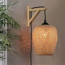 SUNLLOK Modern Bamboo Wall Light with Switch - Wood base rattan wall lamp 