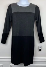 AB Studio Colorblock Sweater Dress Grey Black Long Sleeve Soft Stretch Size L
