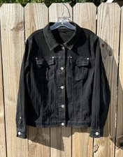 VTG 80s Black Gitano Jean Jacket 16W Striped Stretch Spandex Button Front