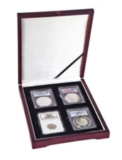 4 Certified Coin Graded Slabs Box Mahogany Wood Style PCGS NCG IGC Display Case