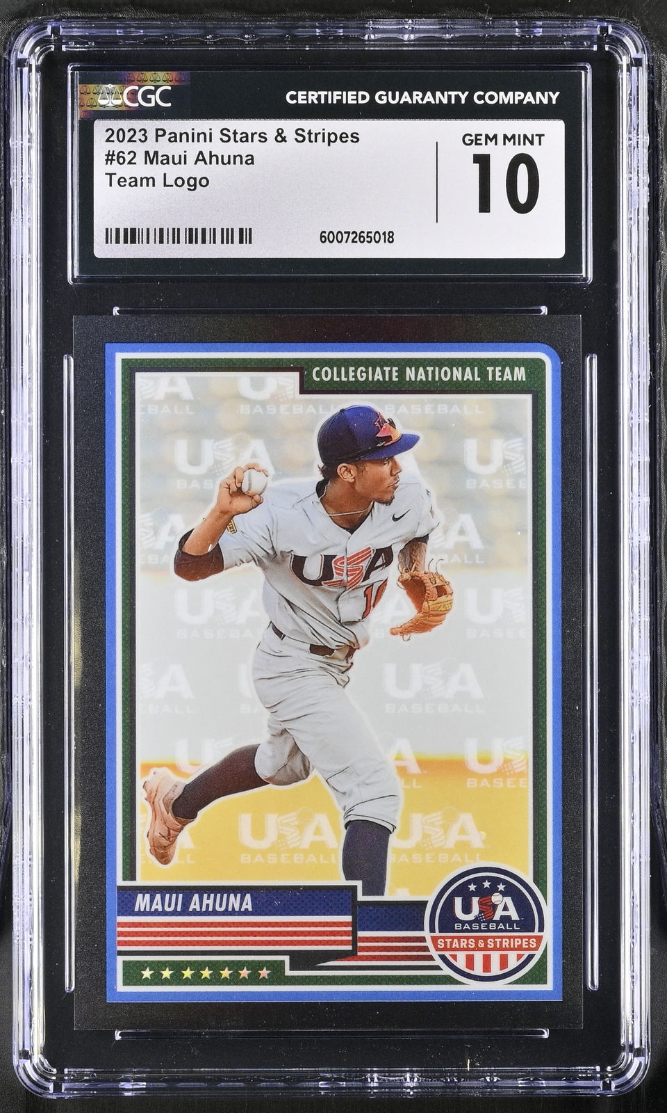 2023 Panini Stars & Stripes Maui Ahuna #62 Team Logo 13/50 Baseball CGC 10