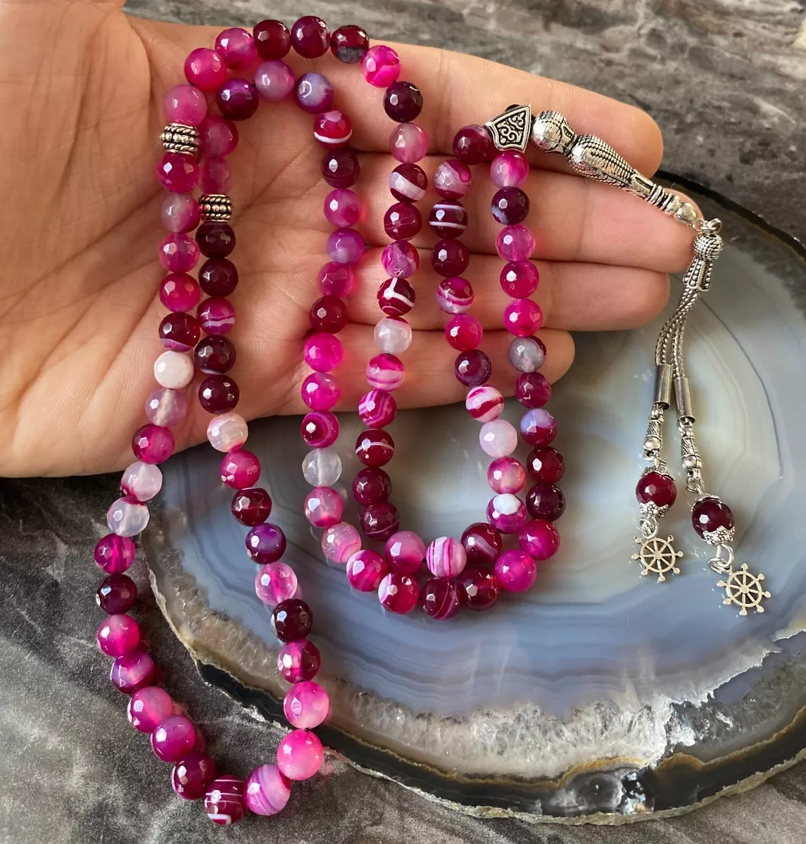 REAL Pink Agate Aqeeq Stone Islamic Prayer 99 beads, Tasbih, Misbaha  Tasbeeh 8mm