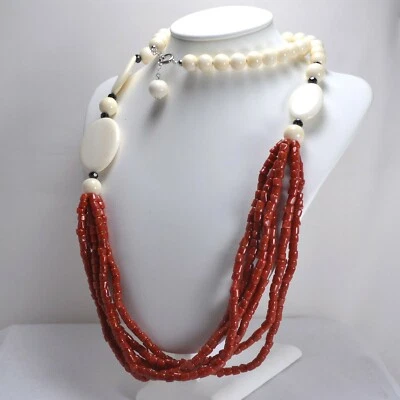 Collier Multifilo En Argent 925 Avec Corail Rosso, Pierre Noire, AGLN 0114 - Photo 1/3