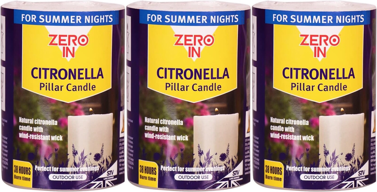 3x Zero In Citronella Garden Patio BBQ Party Picnic Repel Natural Pillar Candle