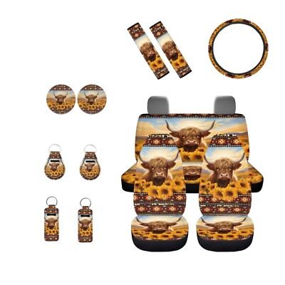 INSTANTARTS Highland Cattle Sunflower 13 Pcs Car Seat Cover Set Southwest Afr...