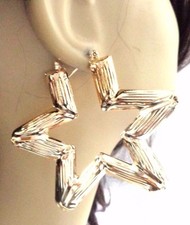 LARGE BAMBOO STAR HOOP EARRINGS GOLD OR SILVER TONE 3 INCH HOOPS PUFFED
