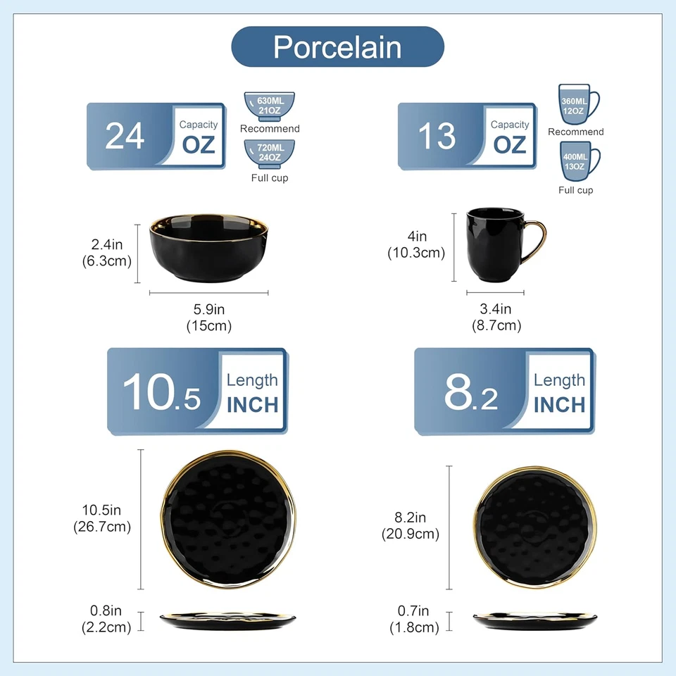 Black and Gold Dishes Sets, Stoneware Dinnerware Sets for 4, 16 Piece Plates and - Image 2 of 4