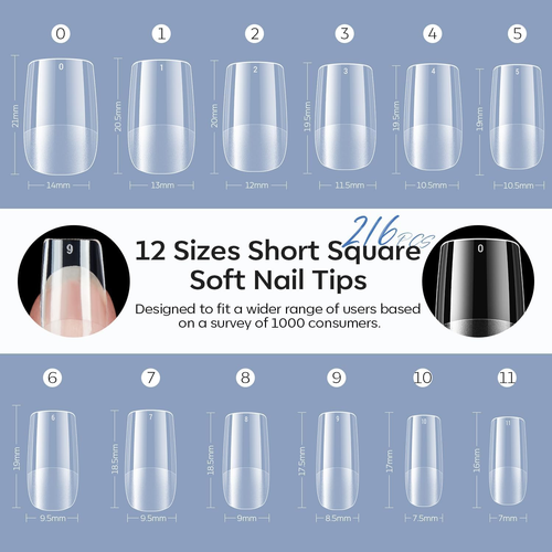 Short Square Nail Tips, Pre-Shaped Soft Gel Tips Fake Nails False Acrylic Clear - Picture 6 of 12