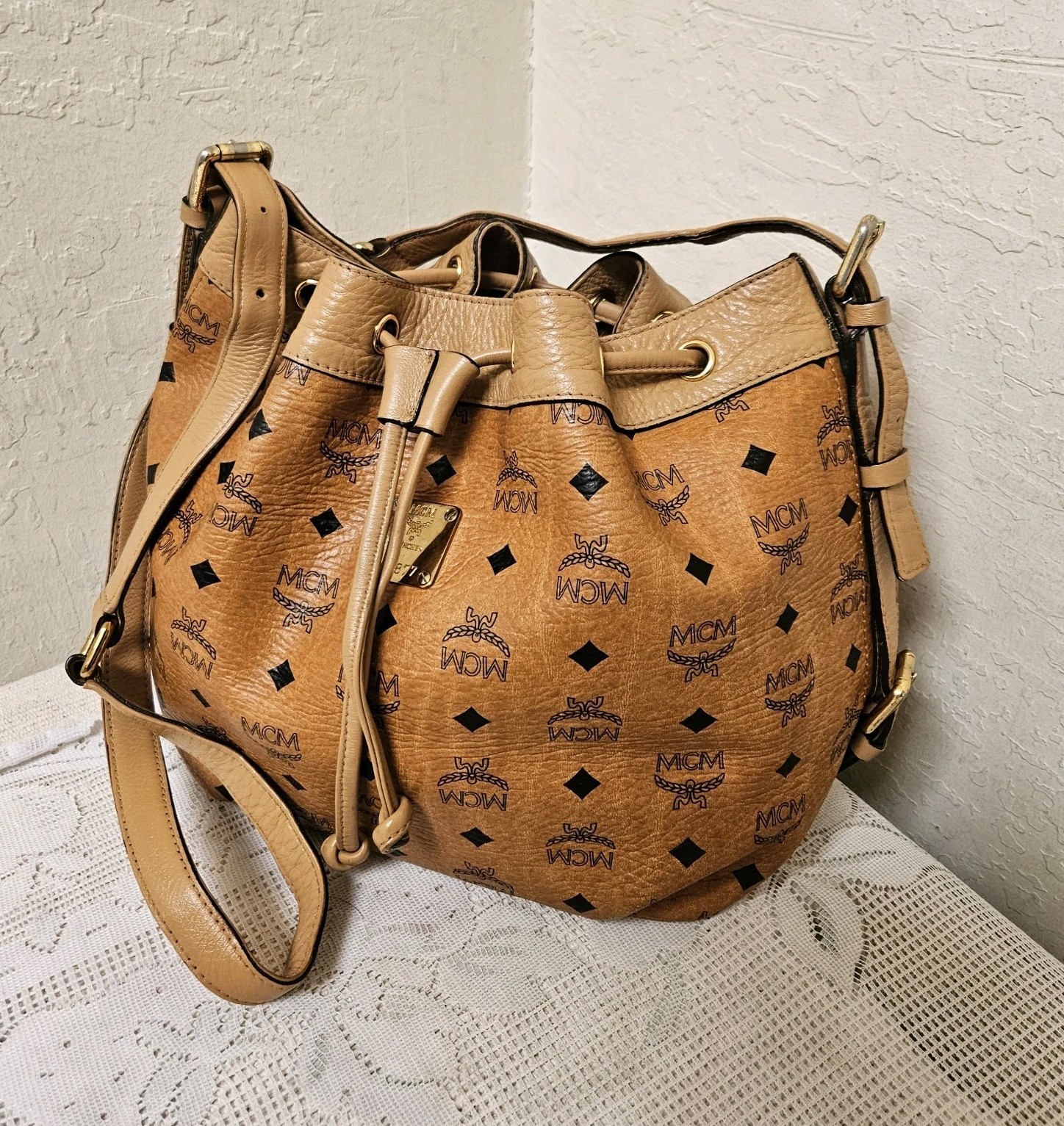 MCM Cognac Medium Drawstring Bucket Shoulder Bag … - image 4