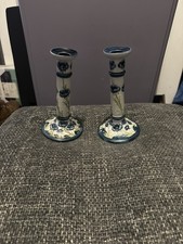 Rare Pair Of William Moorcroft  Florian Ware Blue Poppy Design Candlesticks