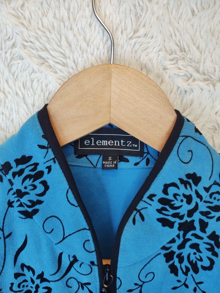 Elementz S Blue Flocked Floral Zip Up Blazer Collarless Jacket - Image 3 of 4