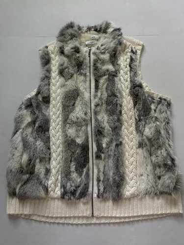 CJ Banks Vest Woman 3X Cream Full Zip Knit Real Rabbit Fur Sleeveless Sweater