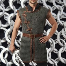 9MM Sleeveless Chainmail Hauberk Round Riveted Aluminum Armor with Brown Leather