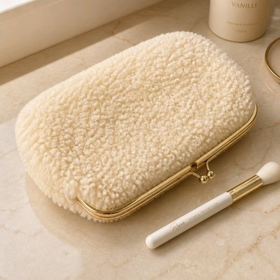 Blissim Teddy Kosmetiktasche Weiß Plüsch Clutch Bügelverschluss Beauty Bag
