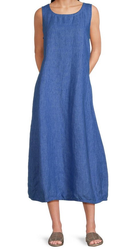 EILEEN FISHER LANTERN DRESS 100% ORGANIC LINEN DELAVE ULTRAMARINE BLUE SIZE  XXS